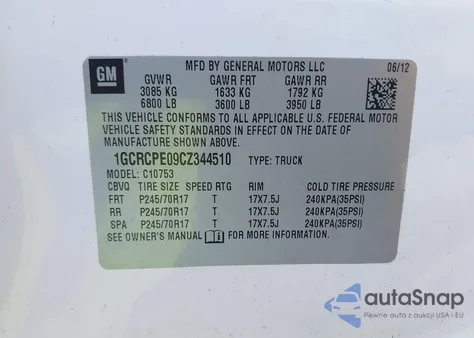 2012 Chevrolet Silverado 1500 Work Truck from USA, damaged, VIN 1GCRCPE09CZ344510